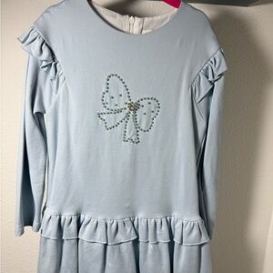 Bimbalo Italian Light Blue Ruffle Dress with Crystal Bow Design